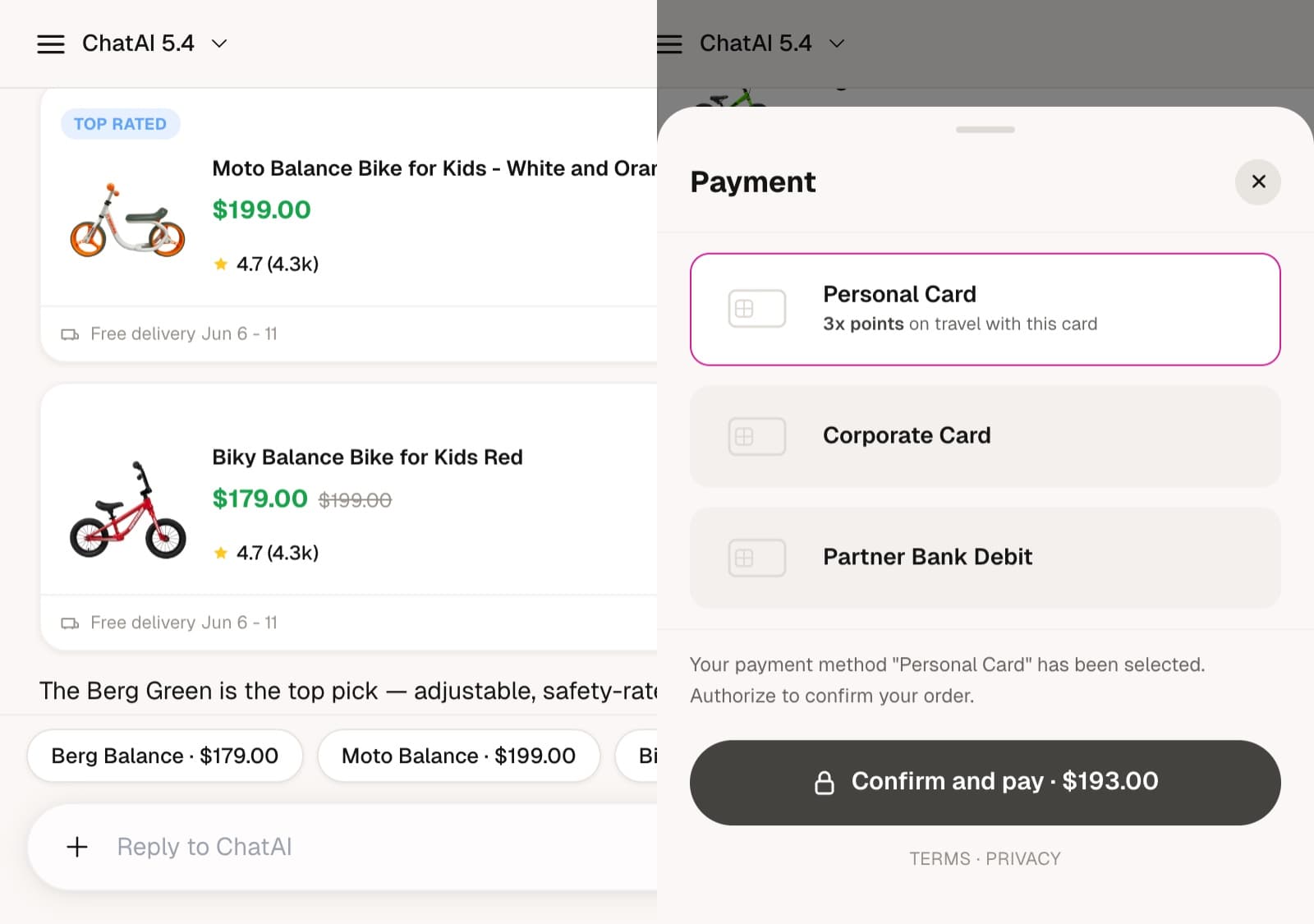 Agent Pay on a foldable: the agent's bike picks beside the payment sheet with Confirm and pay, $193.00.